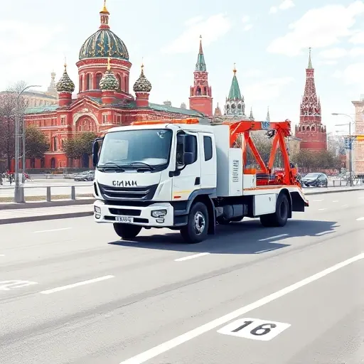 A realistic illustration of a tow truck driving on a Moscow city street, with recognizable Moscow architecture such as the Kremlin dome in the background, the road marked with kilometer markers, the scene showing the truck in motion under bright daylight, detailed vehicle and urban environment, no text or signage.