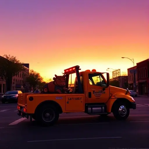 A bright yellow tow truck with a cartoon bull mascot on its side, parked on a city street at dusk on a Saturday. The sky shows a gradient from orange to deep purple, with a few cars and streetlights in the background. The scene is lively yet calm, capturing the transition of day into night without any text or numbers.