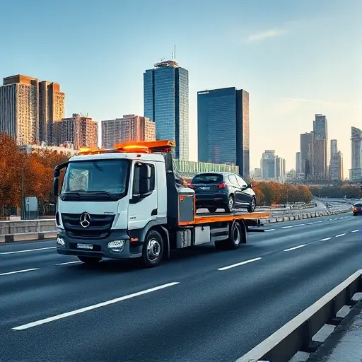 Эвакуатор Москва – Балашиха: Полное руководство A realistic scene of a modern tow truck on a busy road near Moscow, with recognizable city architecture in the background such as high-rise buildings and a hint of the Moscow skyline, a clear sky, and the tow truck actively loading a small car onto its platform. The composition should convey a professional service atmosphere, with the tow truck's lights on, but without any text, logos, or people visible.
