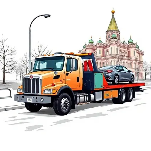 A realistic illustration of a heavy-duty flatbed tow truck parked on a Moscow city street, towing a car on its flatbed, showcasing the truck's robust design and towing equipment, with a clear background and no text or lettering.
