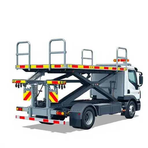 A detailed illustration of a platform tow truck (evacuator platform) showing the low-loader platform, hydraulic lifting mechanism, and vehicle chassis, set against a neutral background, realistic yet in the smallHQ style, focusing on mechanical components without any text or people