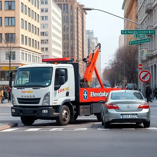 Вызов эвакуатора на 2-ю Новорублевскую улицу: Полное руководство A realistic urban scene of a busy Moscow street named 2nd Novorublovskaya, showing a modern tow truck parked beside a stalled car on the roadside, with a driver in a uniform interacting with a smartphone, city buildings and street signs in the background, clear daylight, no visible text or logos