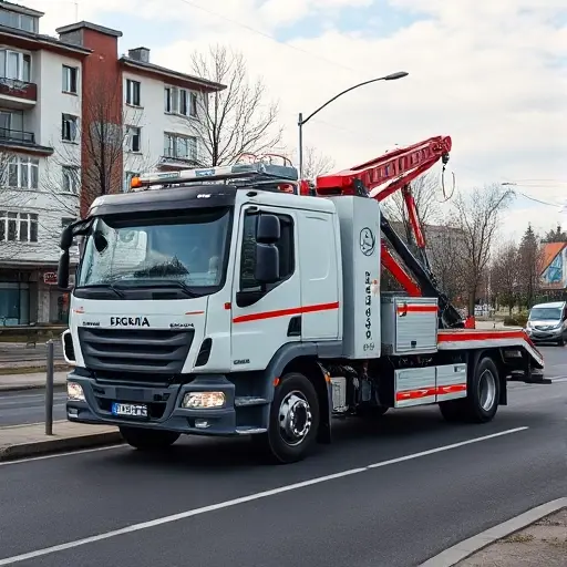 A realistic scene of a modern tow truck (evakuator) parked on a city street in Istra, Moscow region, with a backdrop of typical Russian suburban buildings and a clear sky. The truck is highlighted, showing its robust design and equipment, while the surrounding environment suggests a professional service setting without any people or signage.