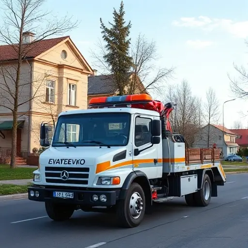 эвакуатор ивантеевка A realistic tow truck (evacuator) parked on a street in Ivanteevka, with typical residential buildings, trees, and a clear sky in the background. The scene should capture the atmosphere of a small Russian town, showing the tow truck prominently without any text, logos, or people.