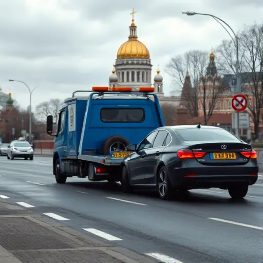 A realistic scene of a Moscow street with a blue tow truck pulling a broken car, the Kremlin dome visible in the background, a cloudy sky, street signs blurred, no visible text or numbers, focusing on the tow truck and vehicle at the moment of arrival