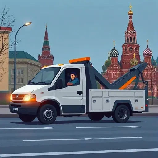 эвакуатор москва дешево A modest, affordable tow truck parked on a Moscow street, with recognizable city landmarks like the Kremlin silhouette in the background, the truck's lights on, and a friendly driver opening the truck door, all depicted in a realistic yet compact style without any text or logos