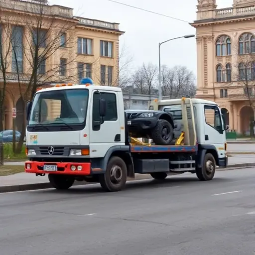 A realistic tow truck in Belarus, partially loaded with a vehicle, parked on a city street with Belarusian architectural elements in the background, no people, no text or logos