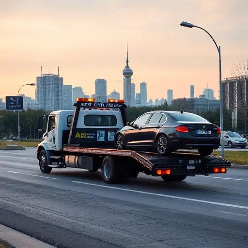 A tow truck pulling a car on a city street with the Volgograd skyline in the background, conveying a budget-friendly vibe, no text or signage, in a realistic style
