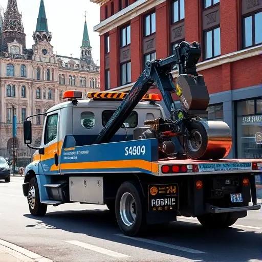 A realistic tow truck (эвакуатор) parked on a city street in the Moscow region, with recognizable Moscow architecture such as a red brick building and a hint of the Kremlin skyline in the background. The scene shows the tow truck’s hook and platform ready for service, with a subtle indication of cost through visual cues like a price tag icon floating nearby, but without any readable text or numbers. The lighting is bright daylight, and the composition emphasizes the vehicle and the urban setting.