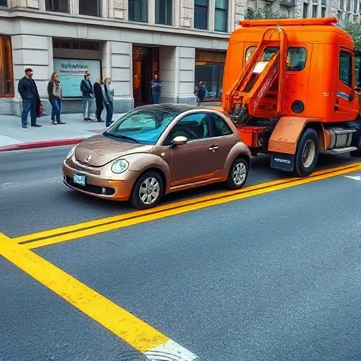 A realistic urban street scene showing a compact car parked illegally across a double yellow line, with a bright orange tow truck pulling up beside it. The tow truck's hook is lowered, ready to attach to the car's front bumper. In the background, a city building facade and a sidewalk with a few pedestrians observing from a distance, all rendered in a clean, detailed style without any text, logos, or signage.