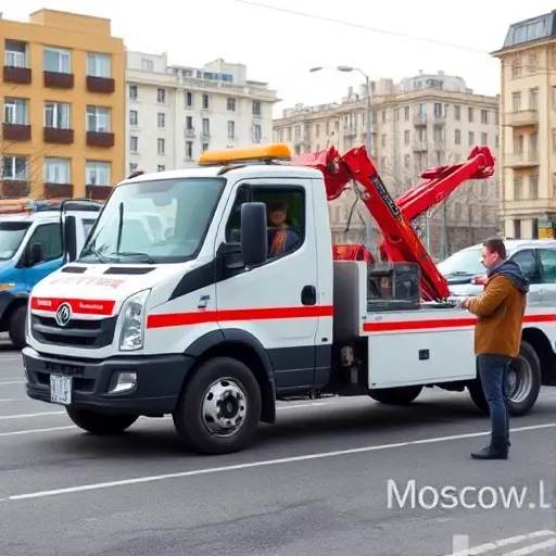 A tow truck parked on a city street in Moscow or Ryazan, with a driver standing beside it and a customer holding a phone, both waiting for the tow truck to arrive. The background shows a typical urban setting with buildings and a clear sky, no text or signage visible.