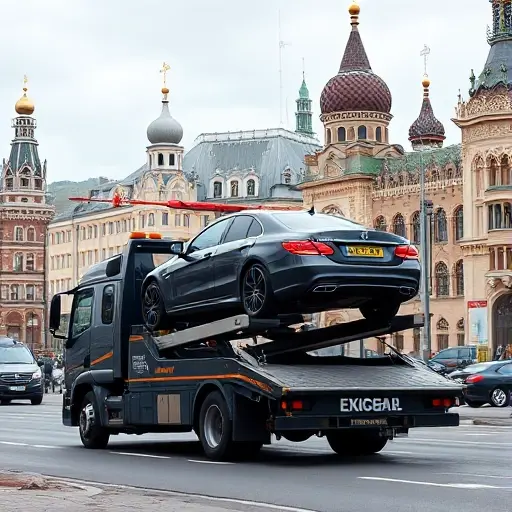 A realistic scene of a modern car tow truck (evacuator) parked on a Moscow street, with recognizable Moscow architecture in the background such as historic buildings and the Kremlin silhouette, a parked car being lifted onto the truck's platform, subtle city ambience, no text or signage on the vehicles or buildings