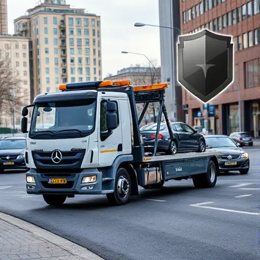 A modern tow truck in a Moscow-Balachikha urban setting, towing a car along a busy street, with a subtle insurance symbol (a shield) integrated into the background, no explicit content