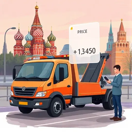 A realistic illustration of a tow truck parked near a recognizable Moscow landmark, such as the Kremlin or Red Square, with a person standing beside it holding a calculator or smartphone, looking at a floating price tag that is partially transparent, indicating price calculation. The scene should convey the idea of avoiding overpayment, with a calm, professional atmosphere. No text or lettering should be present in the image.