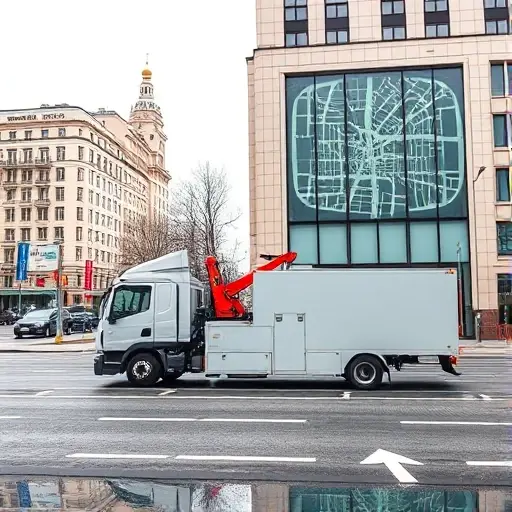 A bustling Moscow street scene with a modern tow truck parked beside a road, a dispatcher office visible in the background with a large window showing a city map, and a clear route marked by subtle arrows on the pavement leading to the tow truck; the sky is overcast, and the architecture reflects typical Moscow buildings, conveying the organized process of dispatching a tow service without any text or signage.