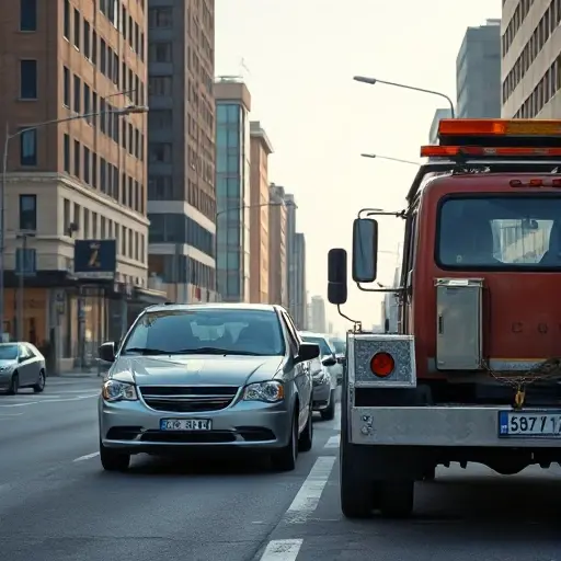 A realistic scene of a tow truck assisting a broken-down vehicle on a city street named Alley of Cosmonauts, with urban buildings, streetlights, and a subtle hint of a road sign without visible text, showing the tow truck's hook attached to the car's bumper under a clear sky.