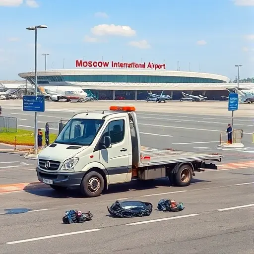 A tow truck parked on the access road of Moscow International Airport, with a small pile of broken car parts beside it. The scene shows the airport’s modern terminal in the background, with a clear sky and a few aircraft on the tarmac. The tow truck is in a neutral color, and the surroundings include airport signage and a few airport staff in uniform, all depicted in a realistic style.