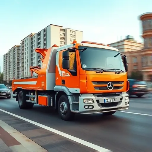 A modern tow truck with a bright orange and white color scheme parked on a busy Moscow street in the South-West Administrative Okrug, with recognizable Moscow architecture such as high-rise residential buildings and a hint of the Moscow River in the background. The scene conveys affordability and speed, showing the tow truck ready to assist, with a clear sky and subtle motion blur to suggest quick service. No text, logos, or people are visible in the image.