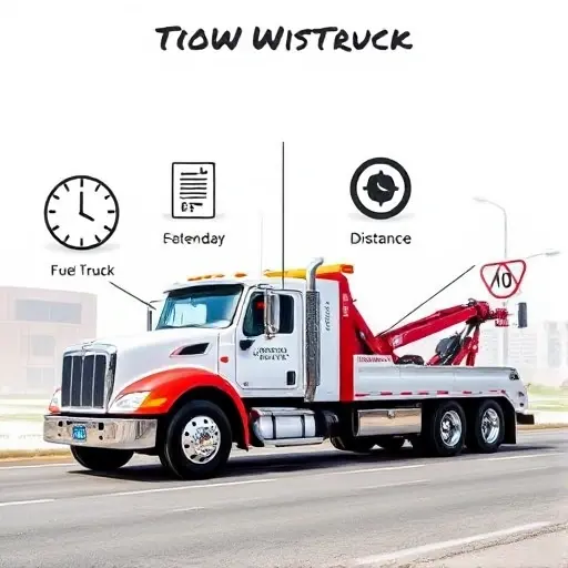 A realistic tow truck parked on a city street, with a clear background showing a clock, a weather icon (cloud and sun), a calendar page, a fuel gauge, and a distance sign, all without any text, letters, or numbers, to illustrate the various factors that influence tow truck cost.