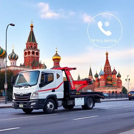 Вызвать эвакуатор в Москве круглосуточно недорого: Полный план статьи A modern tow truck parked on a Moscow street near the Kremlin, with the iconic skyline and St. Basil's domes in the background under a clear sky. The driver is opening the truck's hatch, and a subtle phone icon hovers nearby to suggest 24‑hour service, with no text or logos visible.