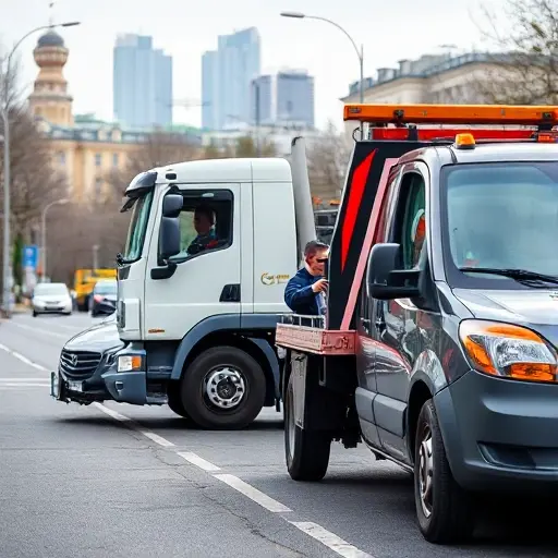 A modern tow truck parked beside a stranded car on a Moscow street in the Krasnoselsky district, with a driver holding a phone and a checklist, showing a cityscape background