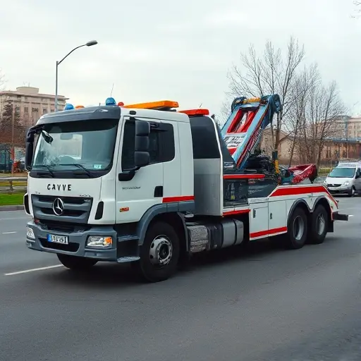 A modern tow truck parked on a street in Yoshkar-Ola, with its towing equipment clearly visible and a subtle city backdrop, no text or signage