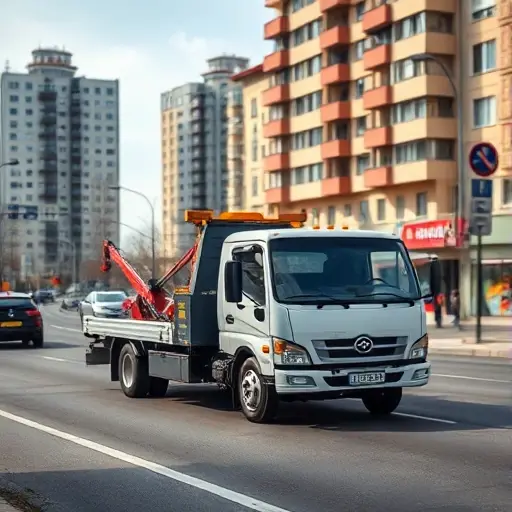A modest, affordable tow truck navigating a typical Moscow street in the North-Eastern Administrative District, with recognizable city architecture such as Soviet-era apartment blocks and street signs blurred, under a clear sky, focusing on the vehicle and urban environment without any text, logos, or people