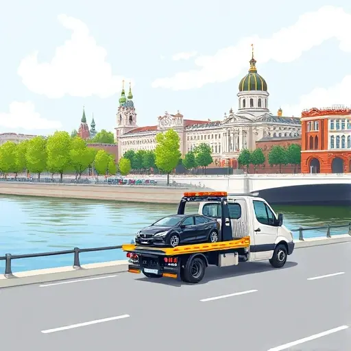 Эвакуатор на Андреевской набережной: Полное руководство A realistic illustration of a tow truck operating on Andreevskaya Embankment in Moscow, showing the riverbank, trees, and historic buildings in the background, with the tow truck pulling a car, no people, no text or signage