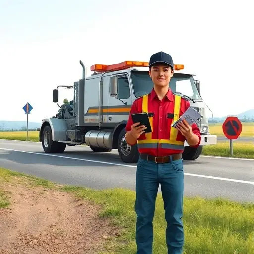 A realistic scene of a tow truck parked on a roadside, with a person in a work uniform holding a clipboard and a calculator, illustrating the importance of knowing tow truck costs in advance. The setting includes a clear road, a small roadside sign, and a calm background, all rendered in a detailed, high-quality style.