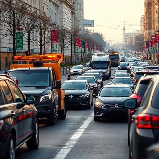 A bustling Moscow street during rush hour with heavy traffic congestion, showing a few tow trucks (evakuators) struggling to reach stalled cars, emphasizing the scarcity of tow trucks in peak times and specific districts; the scene captures the urban atmosphere, cars lined up, and a sense of urgency without any textual elements