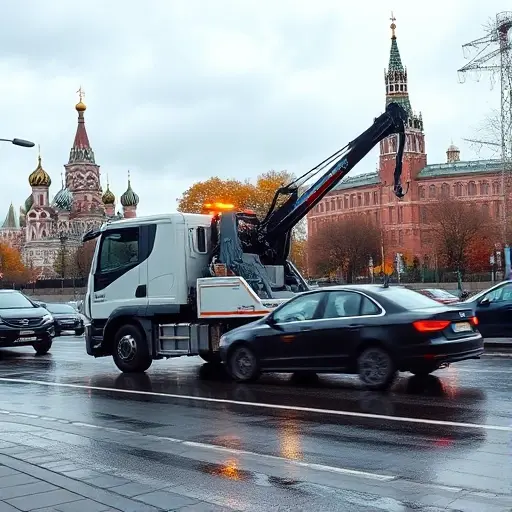 Эвакуатор в Москве – Полный План Статьи A realistic city scene of Moscow featuring a modern tow truck with a crane, parked beside a sleek sedan on a busy street. The background shows recognizable Moscow architecture such as the Kremlin towers and the Moskva River, with subtle autumn foliage. The sky is overcast, and the street is wet from recent rain, reflecting the vehicles. The focus is on the tow truck and the car, conveying a professional rescue service without any text, logos, or signage.