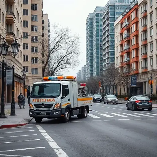 A realistic city street scene showing a modern tow truck (evacuator) parked on the curb of a typical Moscow avenue named 5th Kotelnicheskaya, with surrounding residential buildings, street lamps, and a subtle hint of traffic, all rendered in a compact high-quality style without any visible text, letters, or numbers