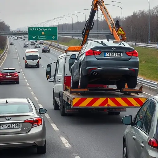 A realistic scene on a busy Moscow highway showing a tow truck lifting a parked car onto its platform, with other cars passing by and a city service vehicle nearby; the atmosphere conveys the enforcement of illegal parking rules without any visible text or signage