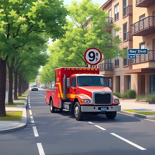 A realistic smallHQ illustration of a tow truck (evacuator) positioned on a residential street named 9th Street in the New Gardens district, with tree-lined sidewalks, modest apartment buildings, and a calm urban atmosphere, without any visible text, numbers, or signage.