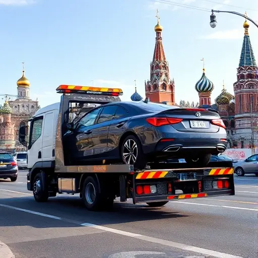 вызвать эвакуатор машин москва A modern tow truck pulling a car onto its platform on a busy Moscow street, with recognizable Moscow architecture such as the Kremlin dome or St. Basil's Cathedral in the background, under a clear sky. The scene is realistic and dynamic, showing the tow service in action without any text or signage.