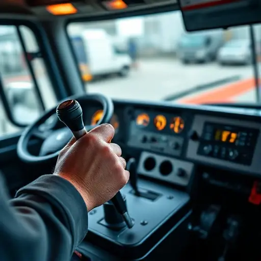A close-up of a tow truck operator's hands operating the control levers inside a modern tow truck cabin, focused on the intricate metal control panel and hydraulic joysticks, technical maintenance and safety theme, detailed mechanical parts, dashboard instruments glowing softly, professional work environment, high quality, smallHQ
