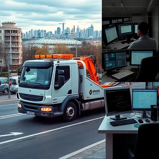 A modern tow truck parked on a city street in Yoshkar-Ola, with a dispatcher in a control room monitoring traffic using a computer and a phone, city skyline in the background, no text or signage visible