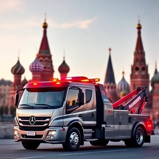 A sleek, modern tow truck with a distinctive flashing light, positioned in front of iconic Moscow landmarks such as the Kremlin and St. Basil's Cathedral, under a clear sky. The scene conveys professional emergency vehicle service, with the tow truck's equipment clearly visible, and the cityscape subtly blurred in the background to emphasize the vehicle.